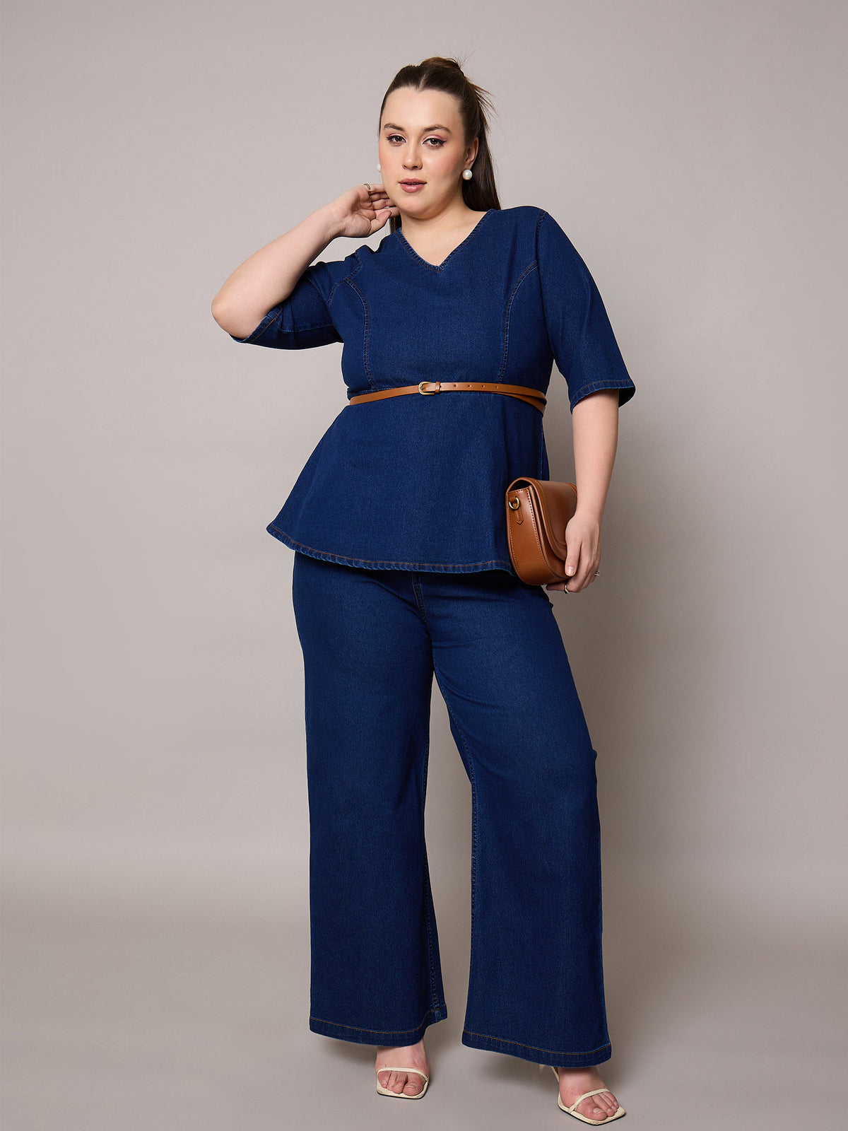 Women Navy Blast Denim Peplum Top With Jeans-SFSETS96408