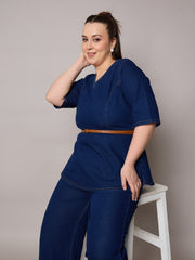Women Navy Blast Denim Peplum Top With Jeans-SFSETS96408