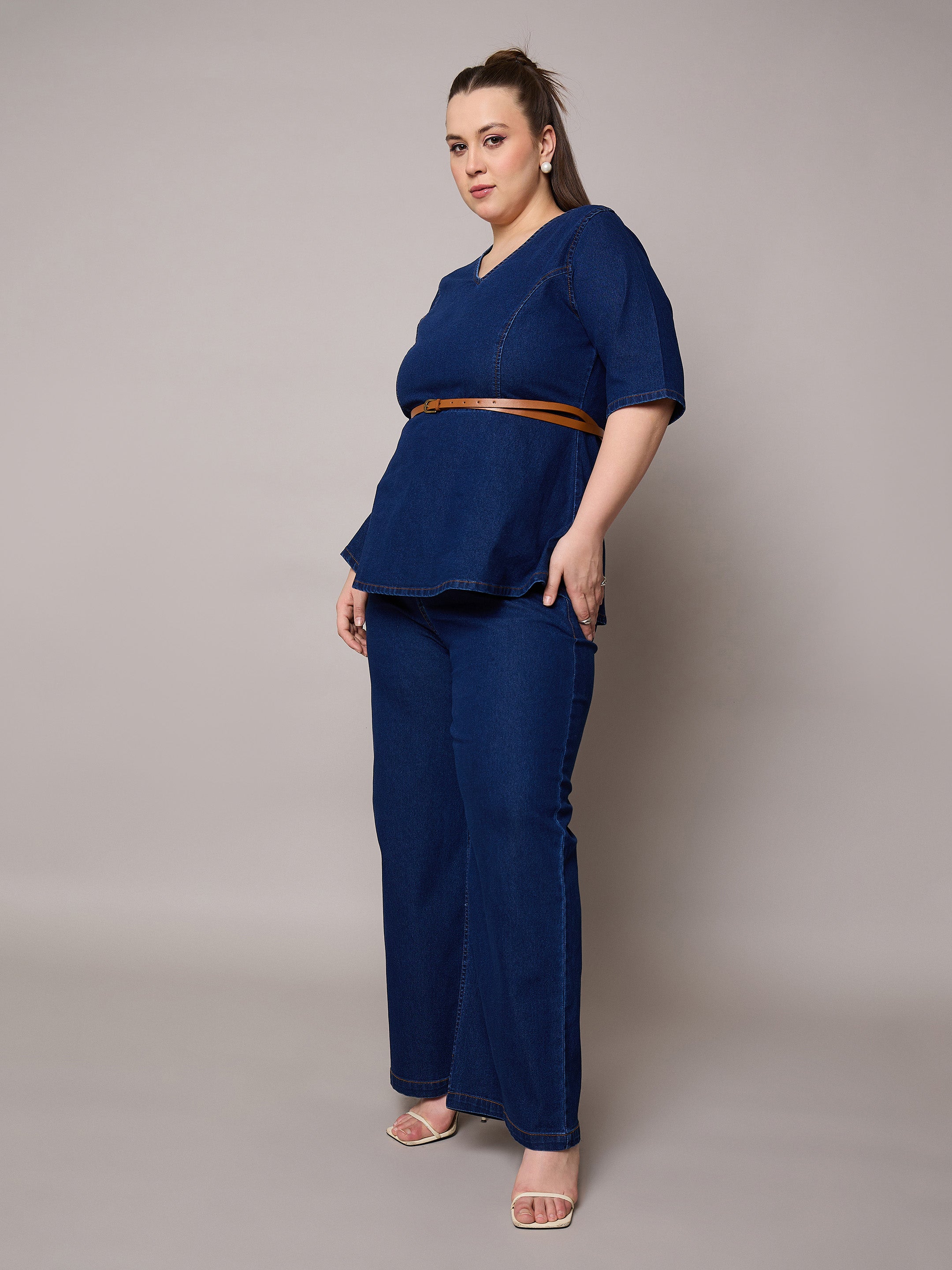 Women Navy Blast Denim Peplum Top With Jeans-SFSETS96408