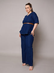 Women Navy Blast Denim Peplum Top With Jeans-SFSETS96408
