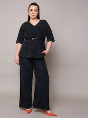 Women Black Blast Denim Peplum Top With Jeans-SFSETS96409