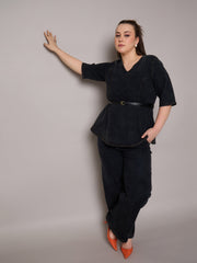Women Black Blast Denim Peplum Top With Jeans-SFSETS96409