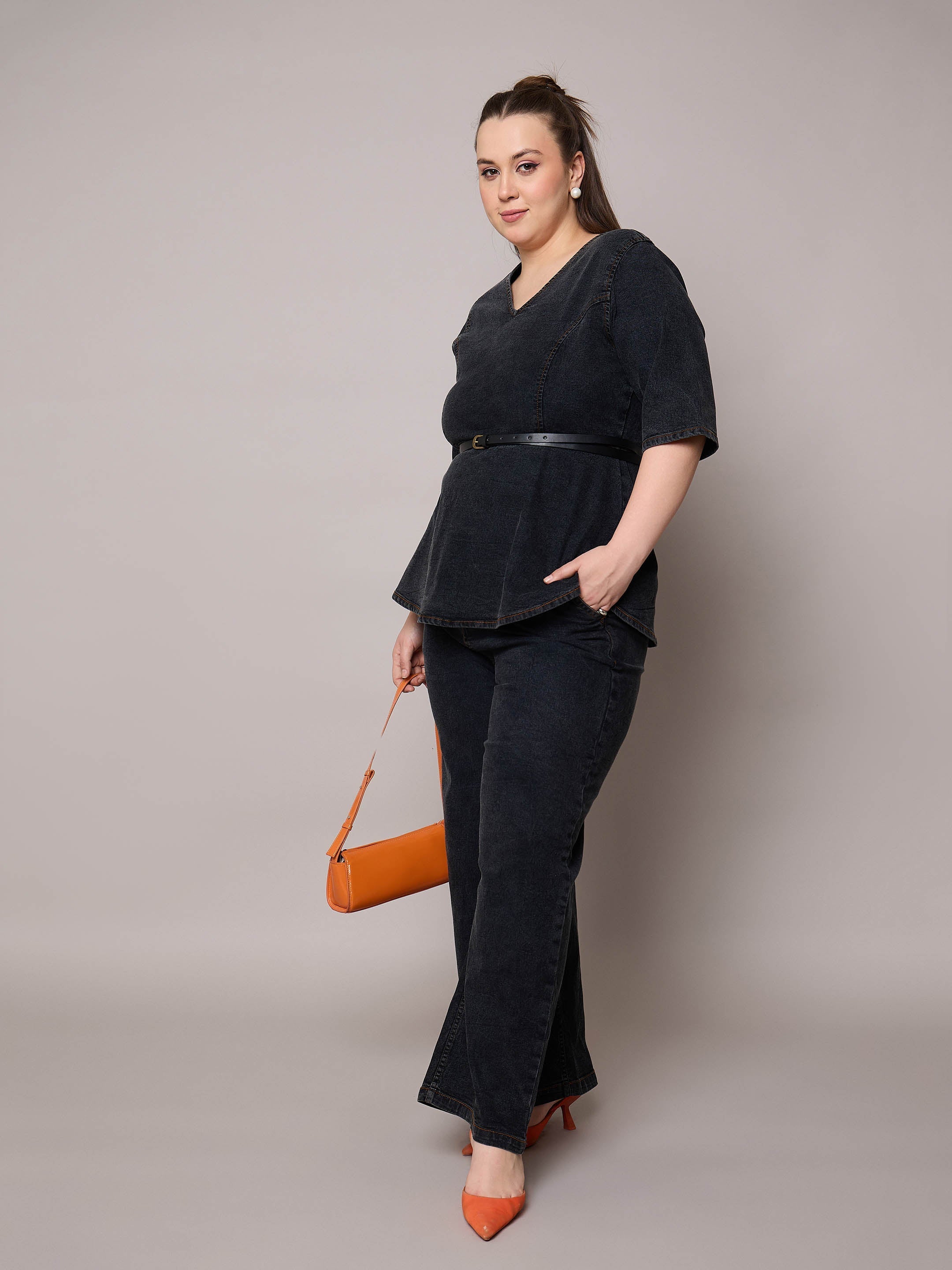 Women Black Blast Denim Peplum Top With Jeans-SFSETS96409