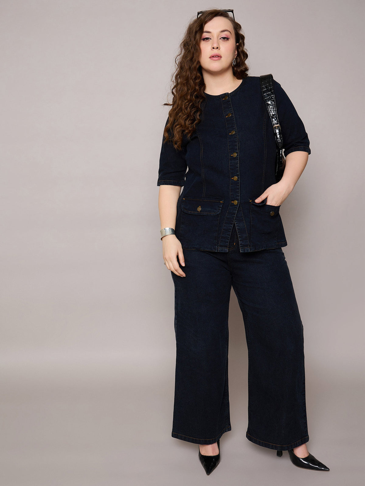 Women Black Blast Denim Button Top With Jeans-SFSETS96410