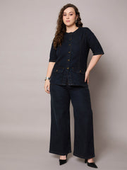 Women Black Blast Denim Button Top With Jeans-SFSETS96410