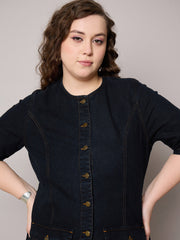 Women Black Blast Denim Button Top With Jeans-SFSETS96410