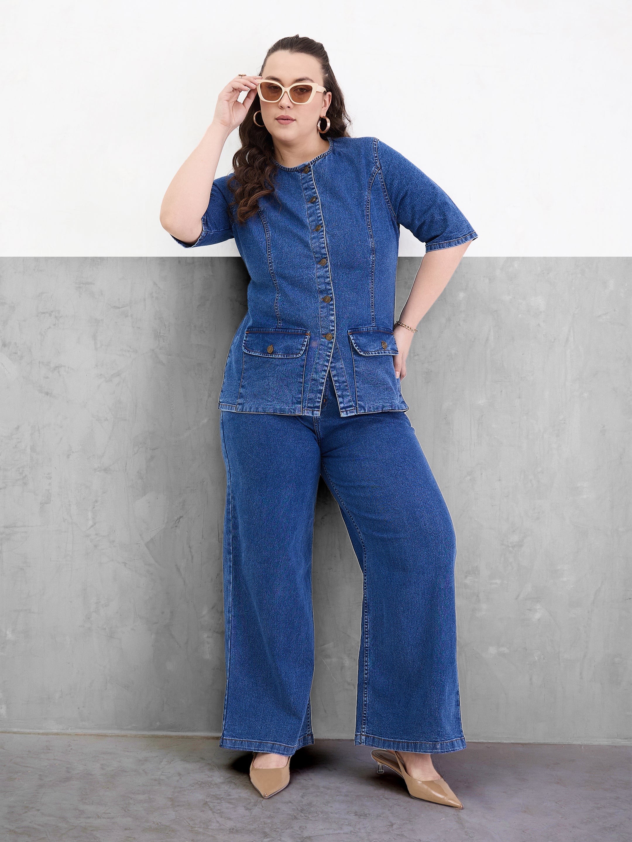 Women Blue Blast Denim Button Top With Jeans-SFSETS96411