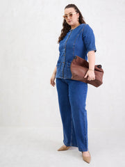 Women Blue Blast Denim Button Top With Jeans-SFSETS96411