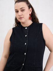 Women Black Denim Sleeveless Top With Jeans-SFSETS96412