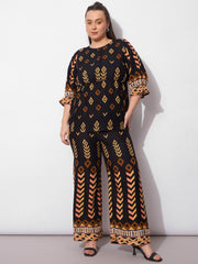 Women Black Geometric Peplum Top With Pants-SFSETS96413