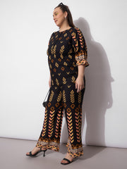 Women Black Geometric Peplum Top With Pants-SFSETS96413