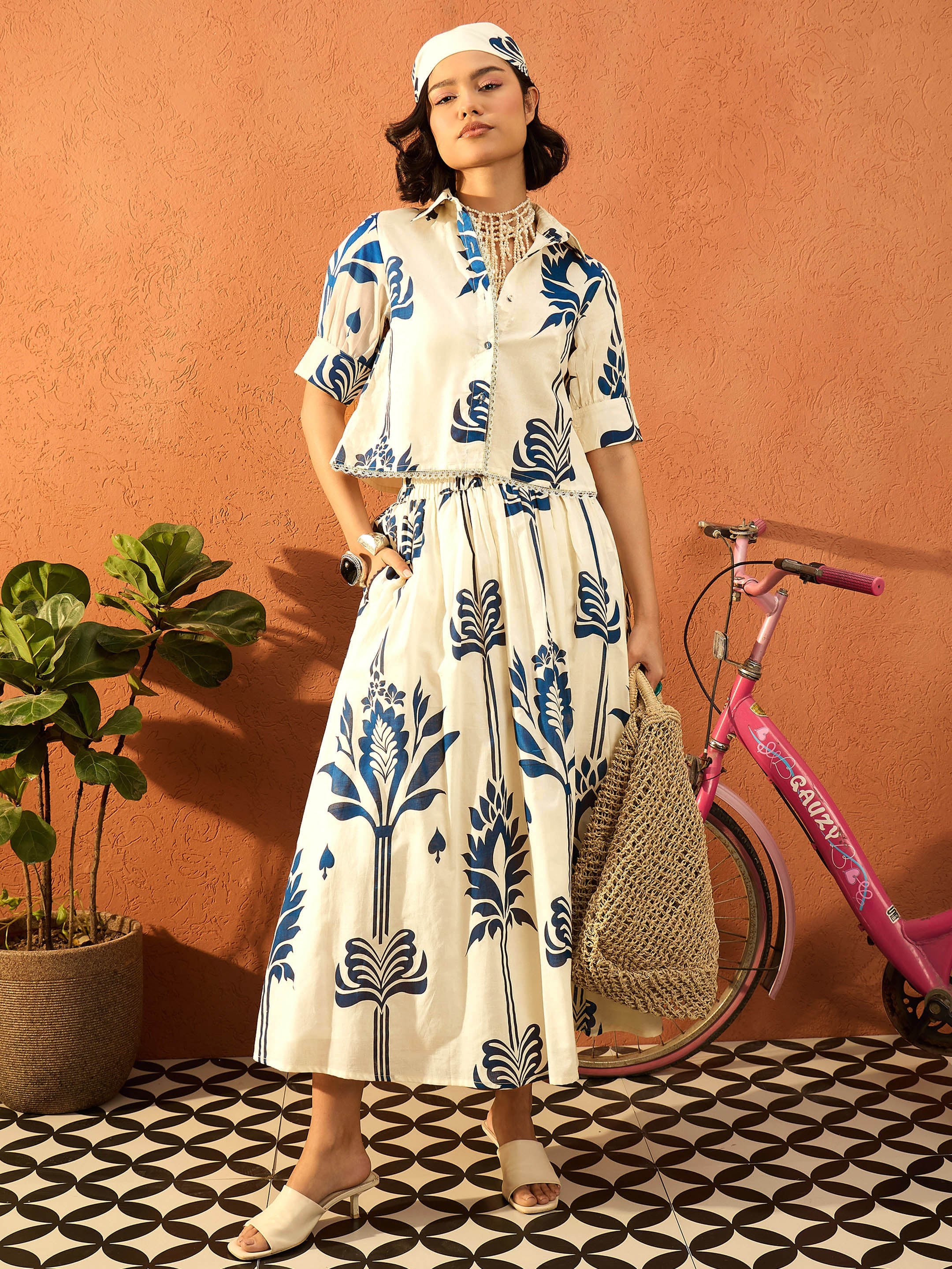 Women Blue & Off White Floral Shirt With Gathered Skirt-SFSETS96414