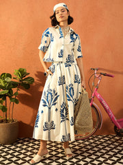 Women Blue & Off White Floral Shirt With Gathered Skirt-SFSETS96414