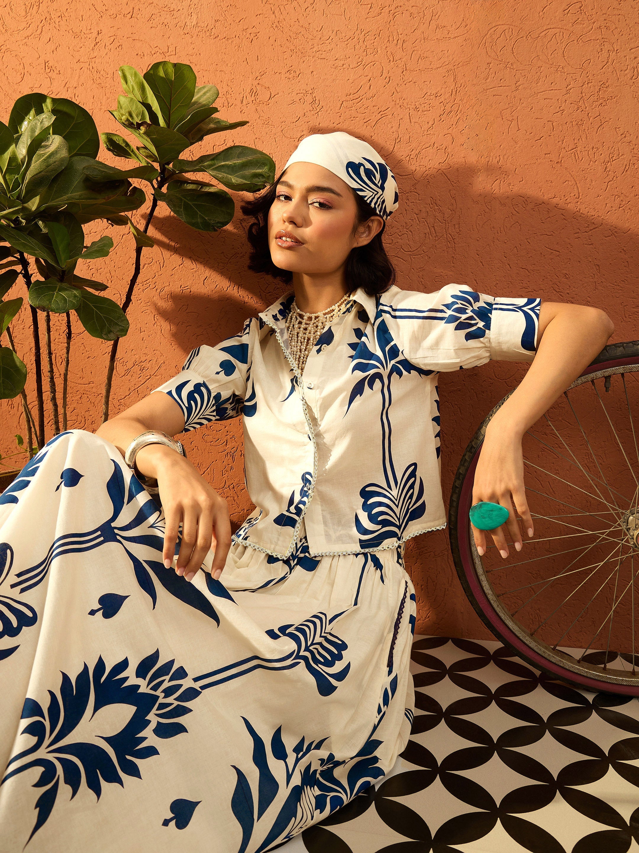 Women Blue & Off White Floral Shirt With Gathered Skirt-SFSETS96414