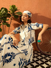 Women Blue & Off White Floral Shirt With Gathered Skirt-SFSETS96414