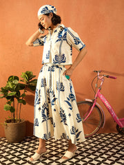 Women Blue & Off White Floral Shirt With Gathered Skirt-SFSETS96414