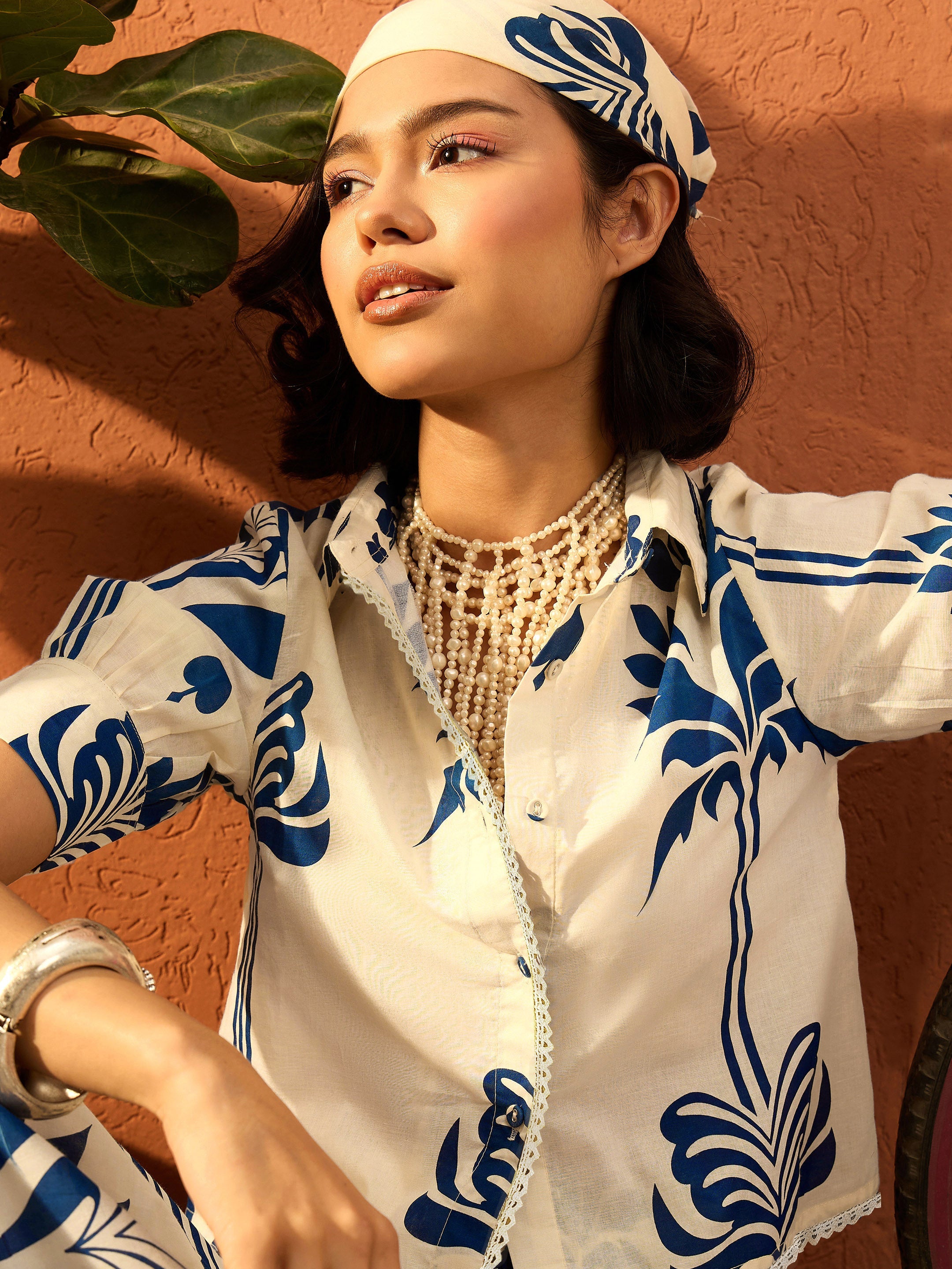 Women Blue & Off White Floral Shirt With Gathered Skirt-SFSETS96414