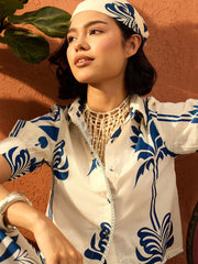 Women Blue & Off White Floral Shirt With Gathered Skirt-SFSETS96414