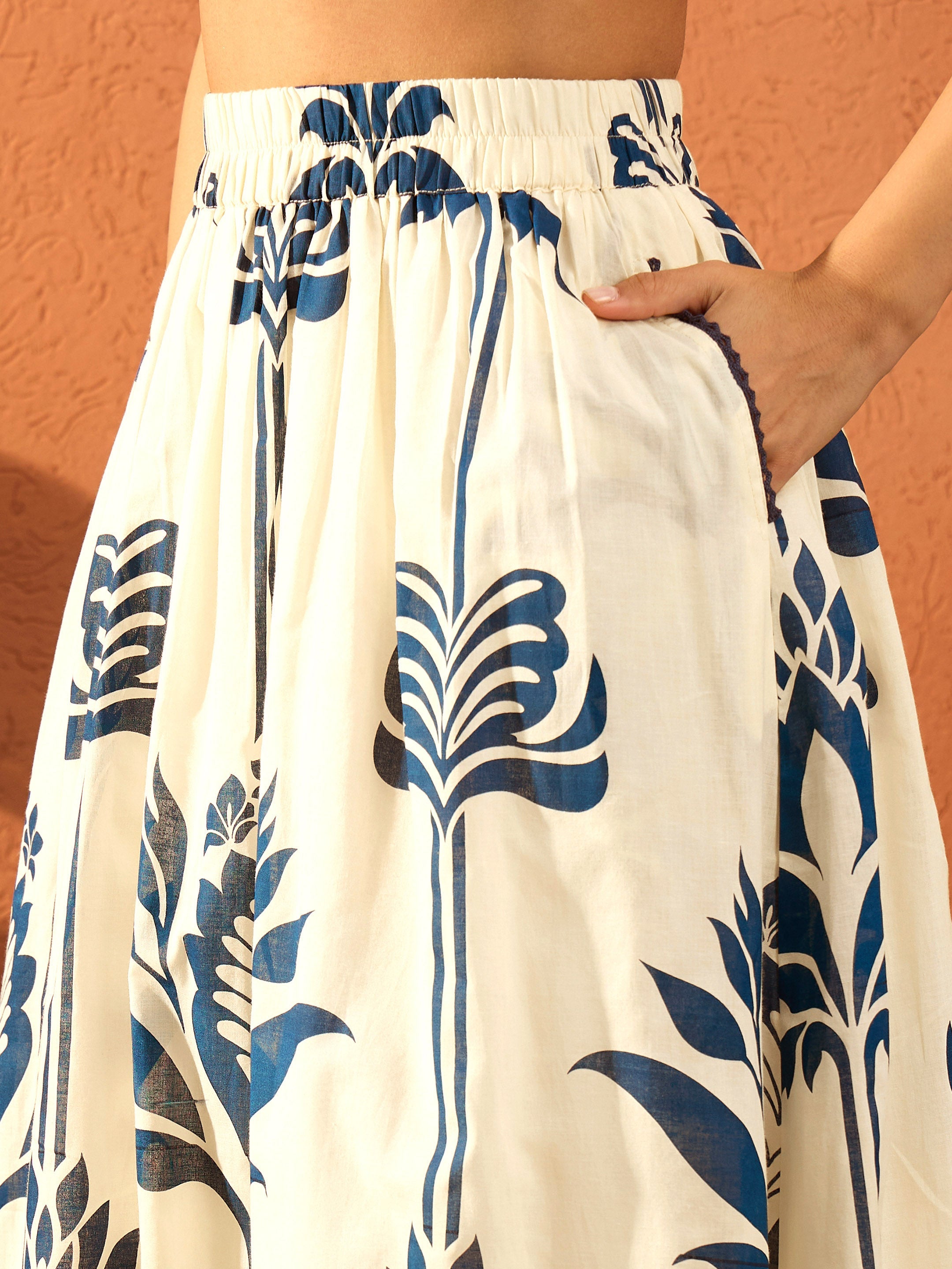 Women Blue & Off White Floral Shirt With Gathered Skirt-SFSETS96414