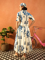 Women Blue & Off White Floral Shirt With Gathered Skirt-SFSETS96414