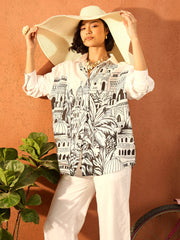 Women White Skyline Print Shirt With Straight Pants-SFSETS96416