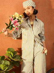 Women Sea Green & White Stripe Shirt With Straight Pants-SFSETS96417