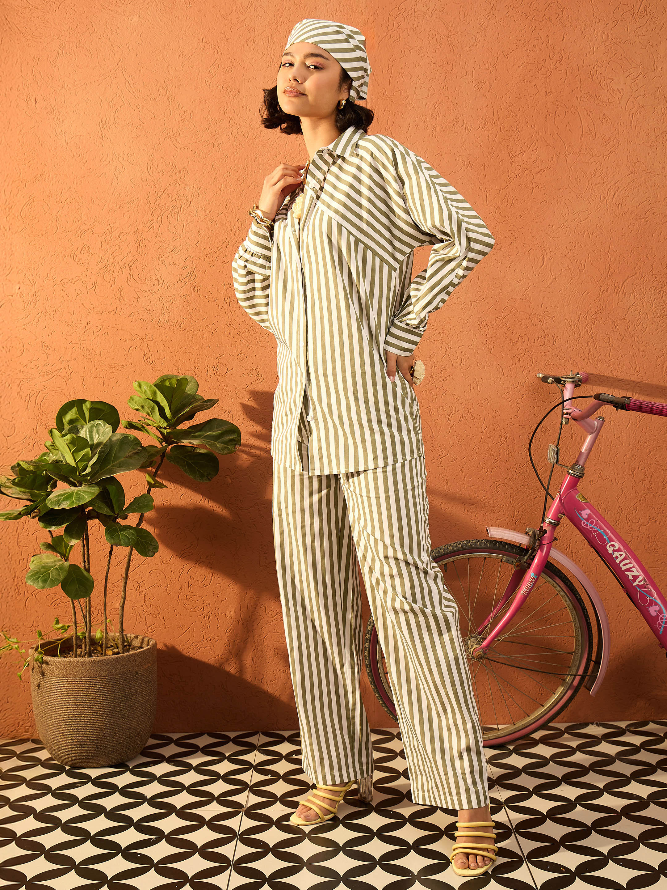 Women Sea Green & White Stripe Shirt With Straight Pants-SFSETS96417