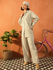 Women Sea Green & White Stripe Shirt With Straight Pants-SFSETS96417