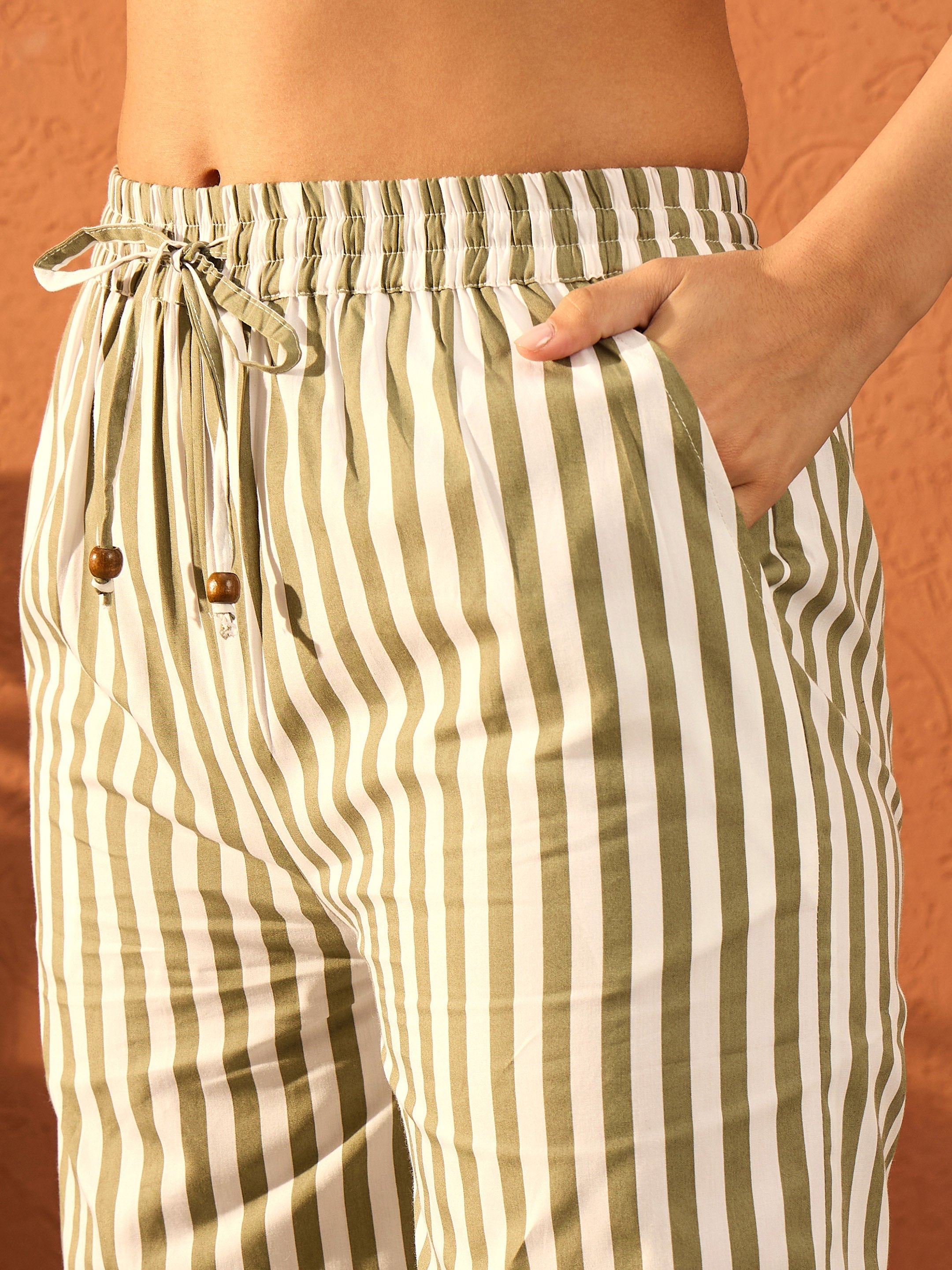 Women Sea Green & White Stripe Shirt With Straight Pants-SFSETS96417