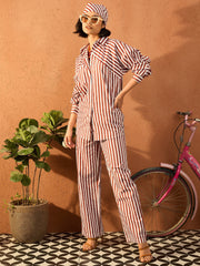 Women Dark Brown & White Stripe Shirt With Straight Pants-SFSETS96418