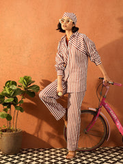 Women Dark Brown & White Stripe Shirt With Straight Pants-SFSETS96418