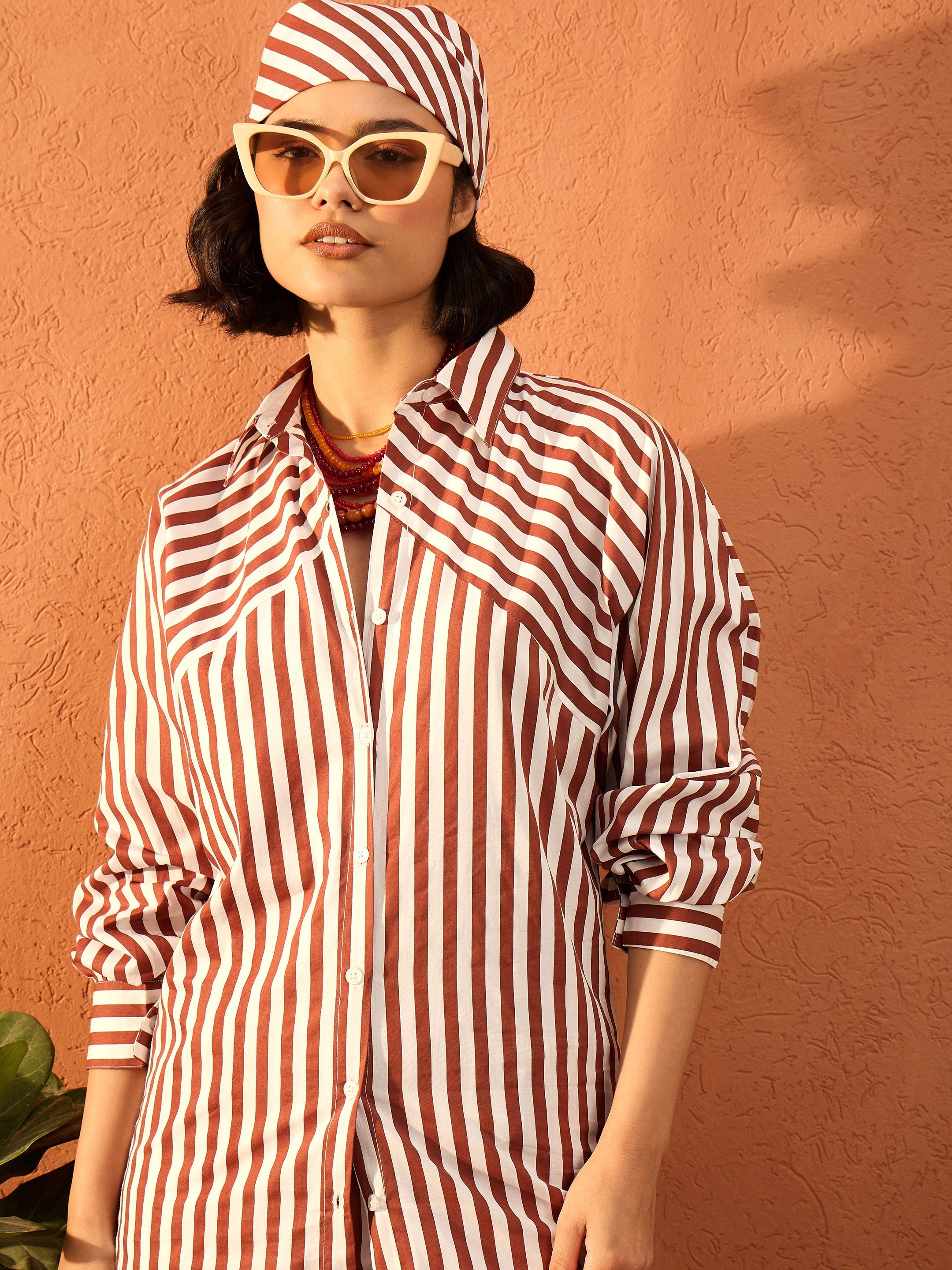 Women Dark Brown & White Stripe Shirt With Straight Pants-SFSETS96418