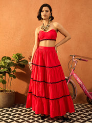 Women Red Ric Rac Lace Bustier Top With Tiered Skirt-SFSETS96420