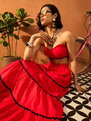 Women Red Ric Rac Lace Bustier Top With Tiered Skirt-SFSETS96420