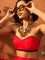 Women Red Ric Rac Lace Bustier Top With Tiered Skirt-SFSETS96420