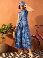 Women Blue & Off White Floral Vest Top With Skirt-SFSETS96421
