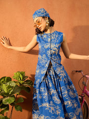 Women Blue & Off White Floral Vest Top With Skirt-SFSETS96421