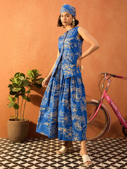 Women Blue & Off White Floral Vest Top With Skirt-SFSETS96421