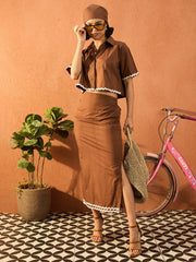 Women Brown Crop Shirt With Ruched Skirt-SFSETS96422