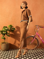 Women Brown Crop Shirt With Ruched Skirt-SFSETS96422