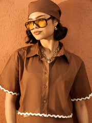 Women Brown Crop Shirt With Ruched Skirt-SFSETS96422