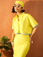 Women Lime Yellow Crop Shirt With Ruched Skirt-SFSETS96423