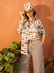 Women Brown & White Quirky Shirt With Straight Pants-SFSETS96426