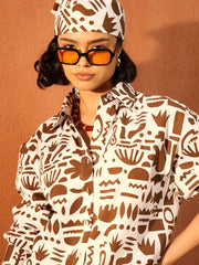 Women Brown & White Quirky Shirt With Straight Pants-SFSETS96426