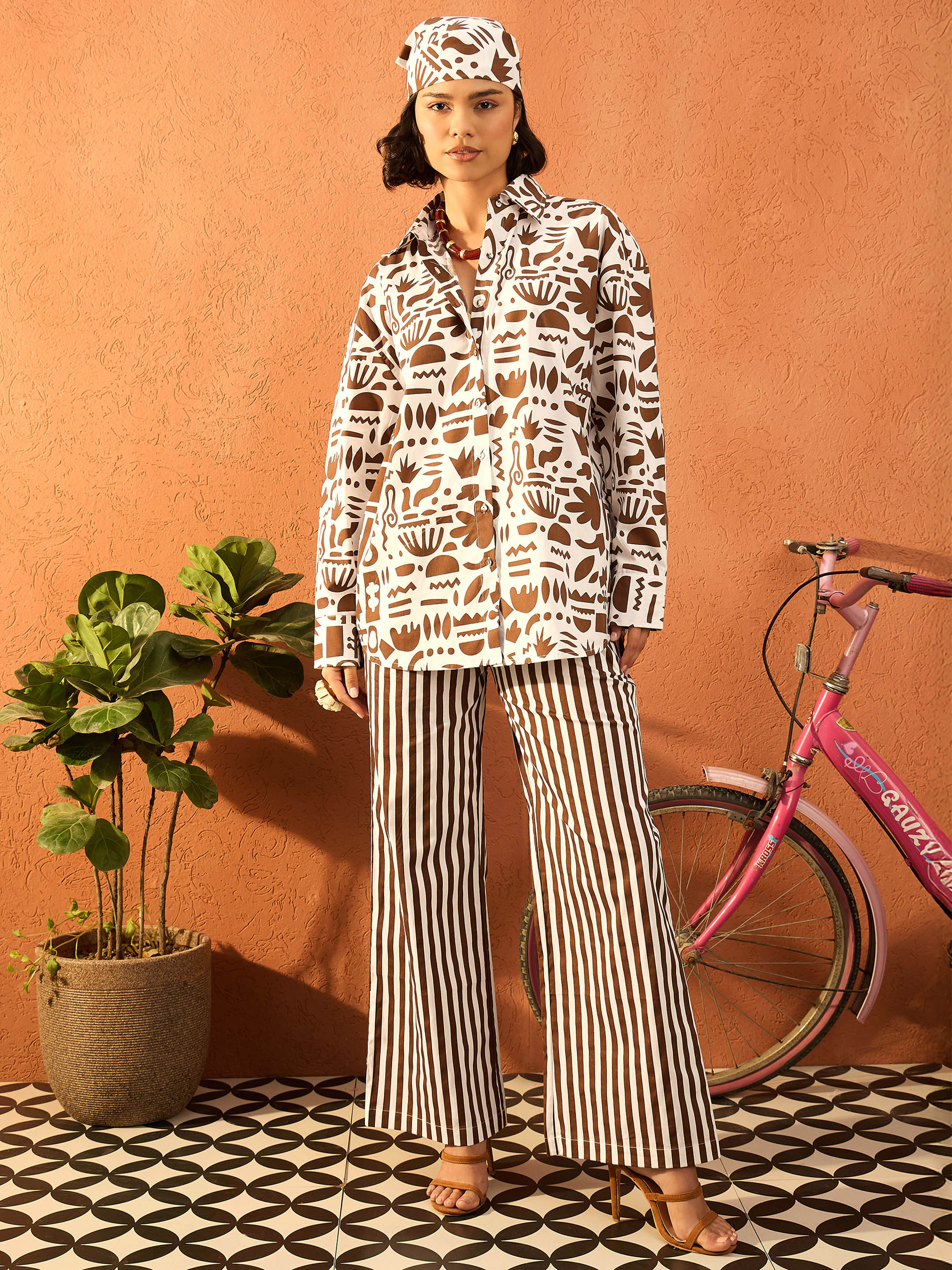 Women Brown & White Quirky Shirt With Straight Pants-SFSETS96426