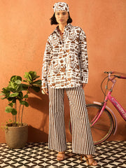 Women Brown & White Quirky Shirt With Straight Pants-SFSETS96426