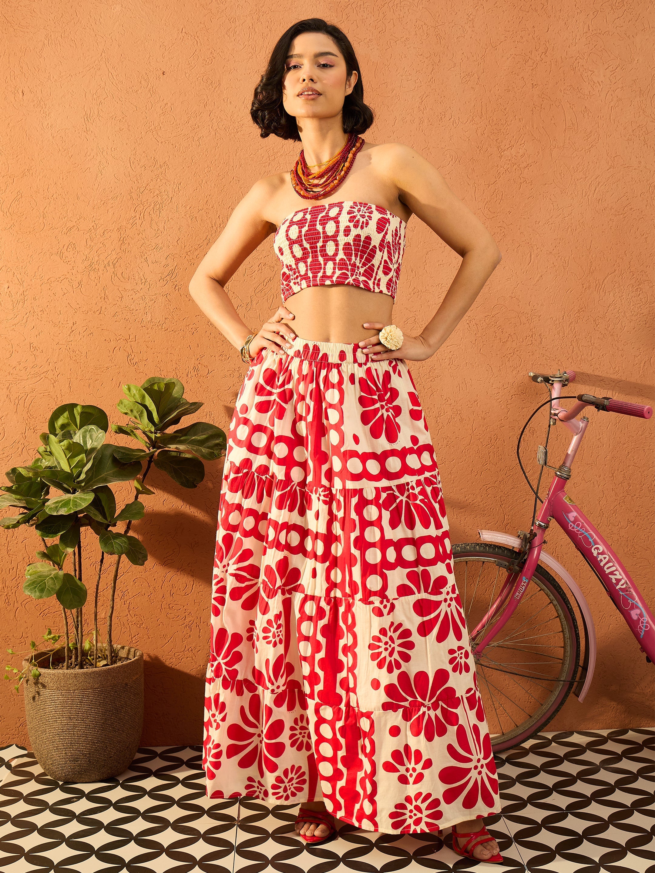 Women Red & Beige Floral Tube Top With Tiered Skirt-SFSETS96427