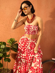 Women Red & Beige Floral Tube Top With Tiered Skirt-SFSETS96427