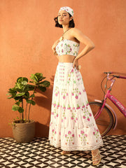 Women Pink & White Floral Tube Top With Tiered Skirt-SFSETS96428