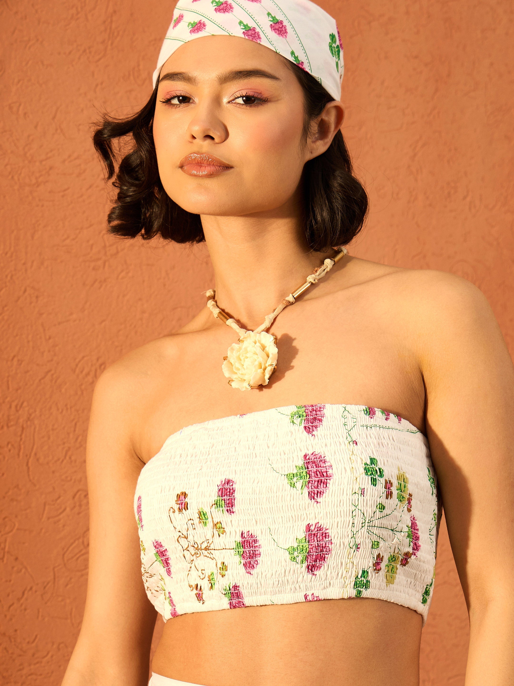 Women Pink & White Floral Tube Top With Tiered Skirt-SFSETS96428